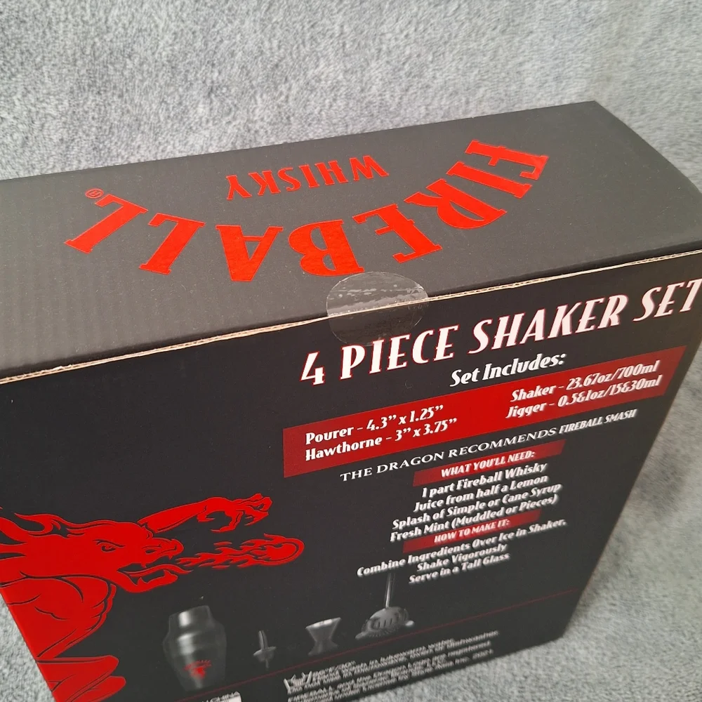 FIREBALL® 4 PIECE SHAKER SET(Hawthorne Strainer, Shaker, Jigger) NWT